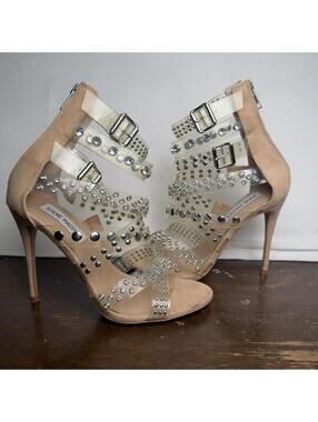Steve Madden Moto Studded Gladiator Heels Clear Caged Rhinestone Sandals  7.5